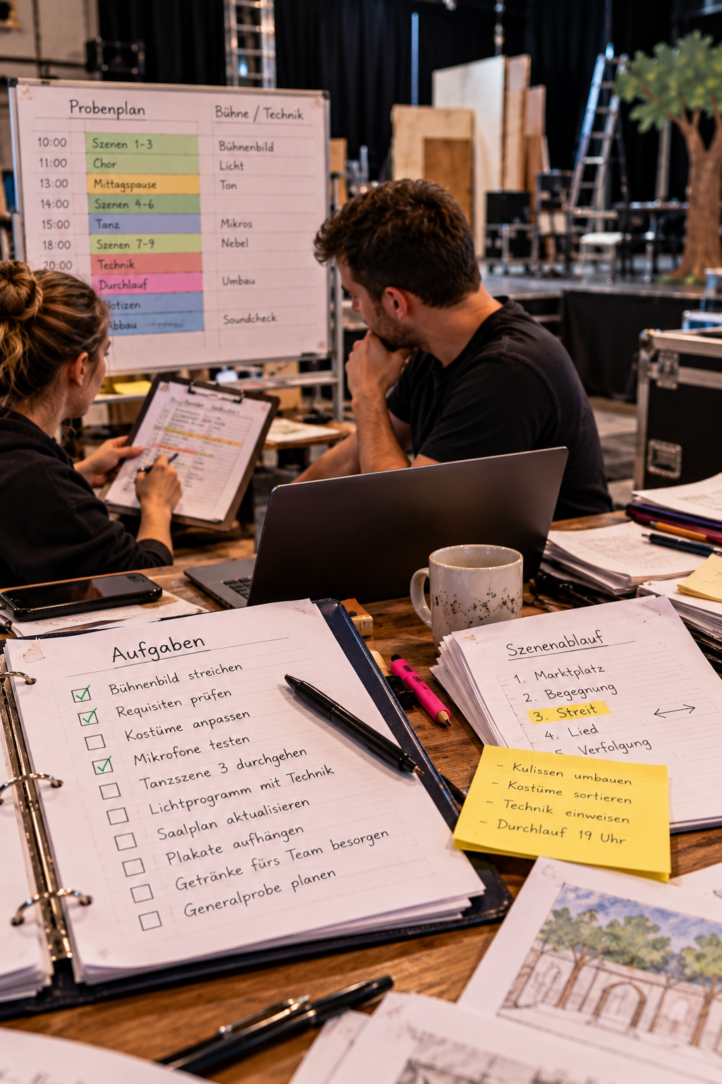 Produktionsplanung mit Papierlisten und Probenplan